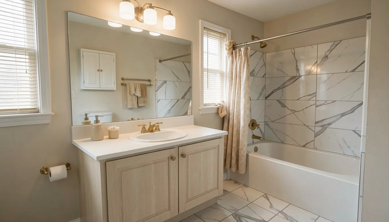 After bathroom remodel: New bath, vanity and sanitaryware — plumbing positions unchanged.