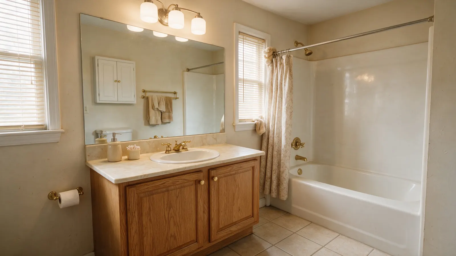 Before: New bath, vanity and sanitaryware — plumbing positions unchanged.
