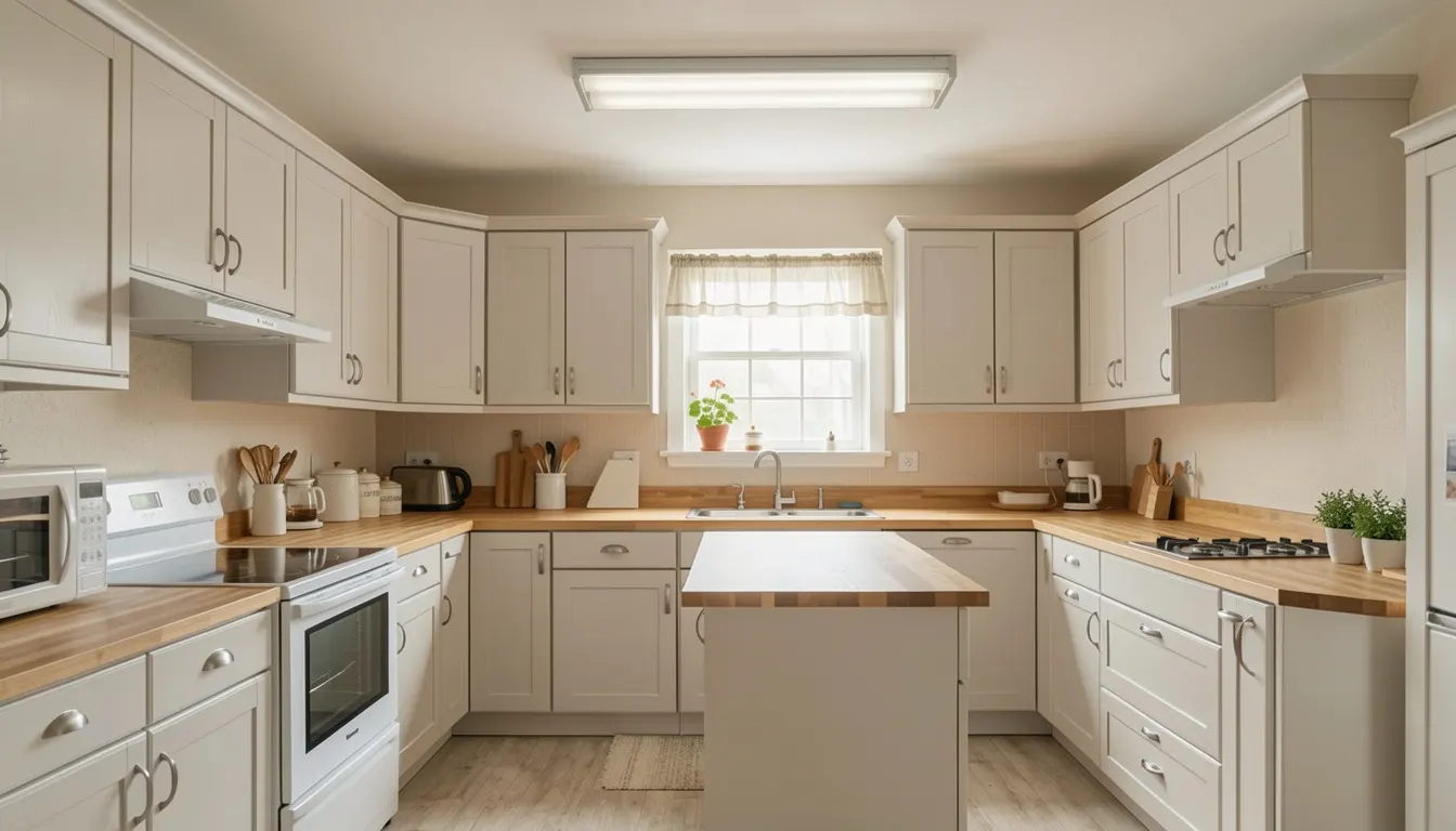 After kitchen remodel: The same kitchen, refitted — new cabinetry in the room's own footprint.