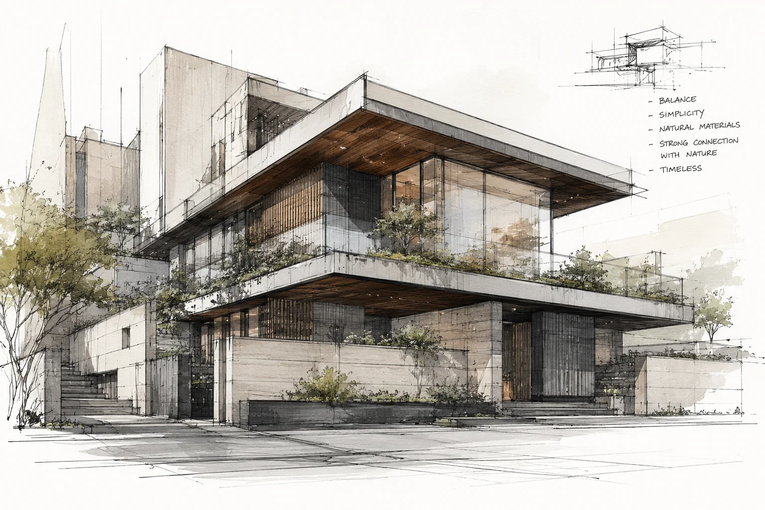 An ink and watercolour perspective sketch of a two-storey concrete and timber house, annotated with the words balance, simplicity, natural materials, strong connection with nature and timeless.
