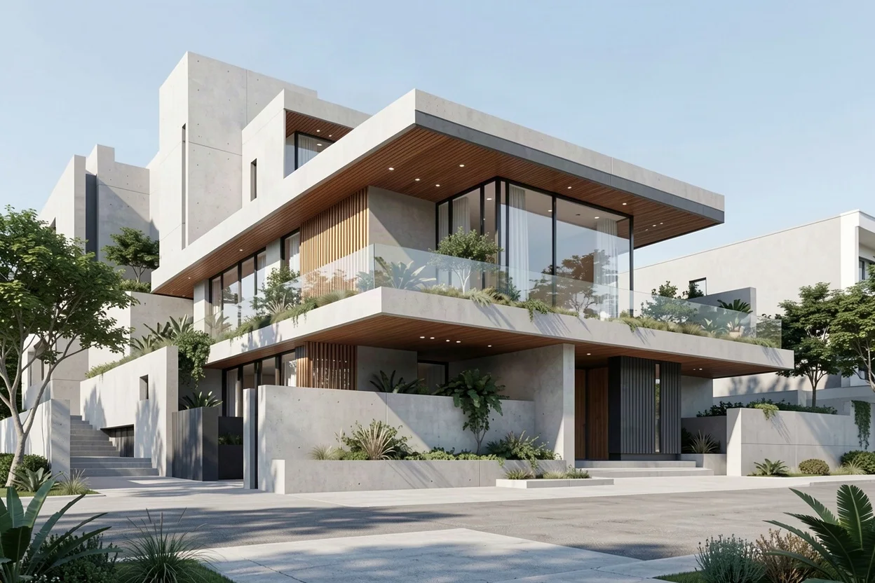 A photoreal render of the sketched house: board-marked concrete, a timber soffit, full-height glazing and planting along the terrace, under a clear sky.